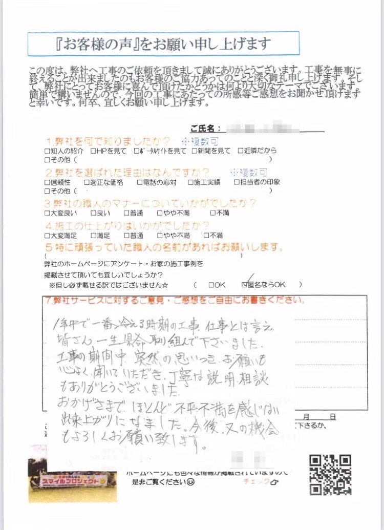 一年の中で一番冷える時期の工事、仕事とはいえ皆さん一生懸命取り組んで下さいました。